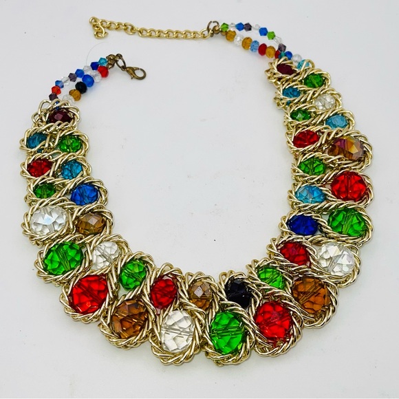Dramatic Colorful Faceted Glass Beads Choker Bib Necklace Holiday Dazzle - Picture 5 of 14
